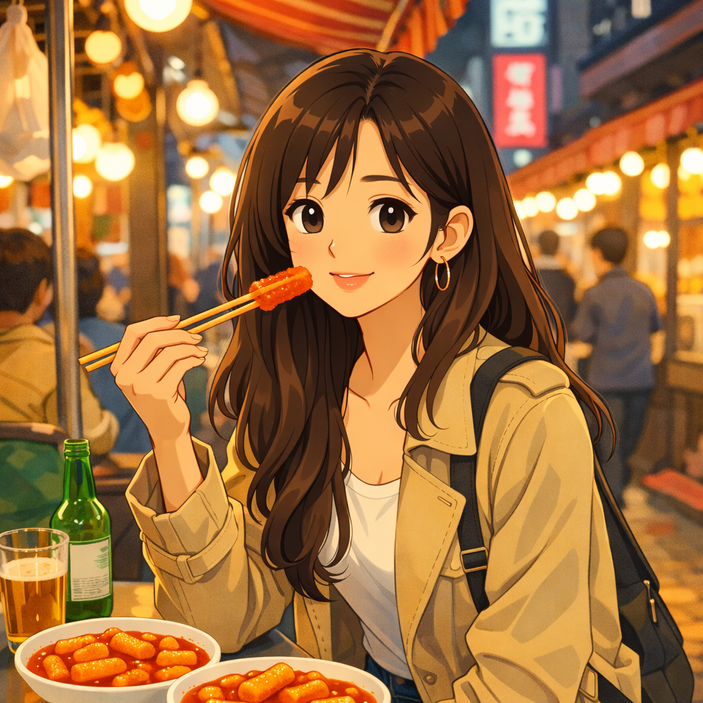 A woman enjoying tteokbokki at a street market