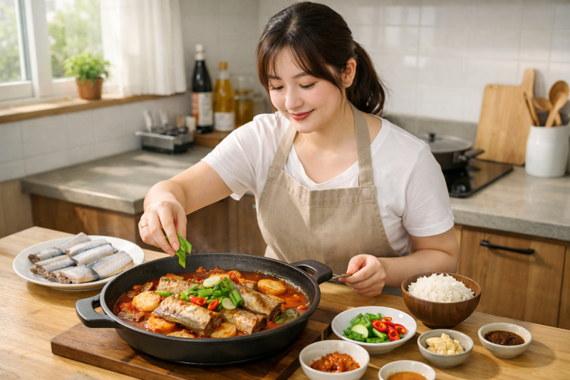 주방에서 갈치조림을 만들고 있는 주부의 모습