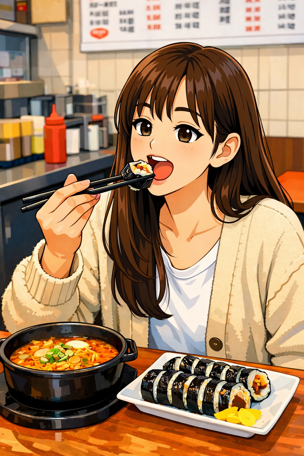 분식집에서 김밥을 먹는 여성