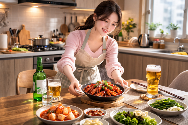 술안주로 닭발을 만들어 테이블로 옮겨놓는 모습