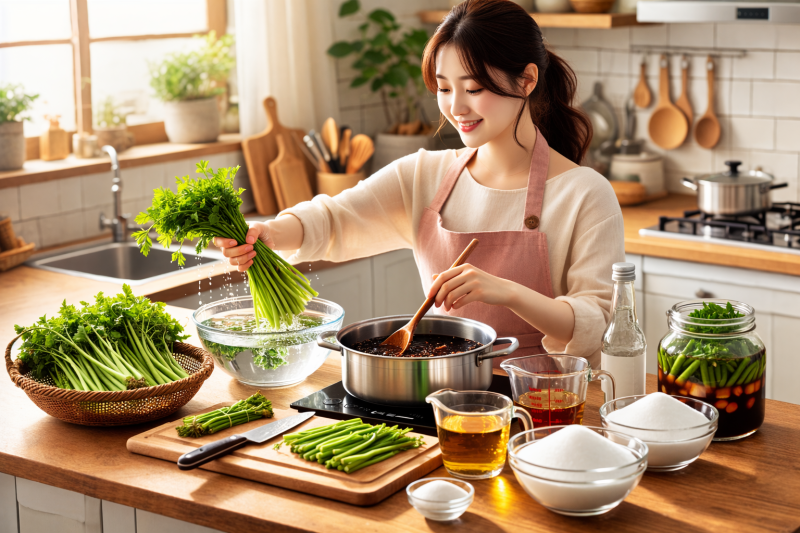 돌미나리 장아찌를 만드는 주부의 모습
