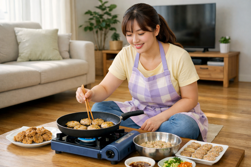 프라이팬에 동그땡을 만들고있는 주부의 모습