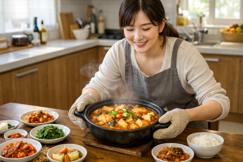 동태찌개를 식탁위에 올려놓고 있는 주부의 모습