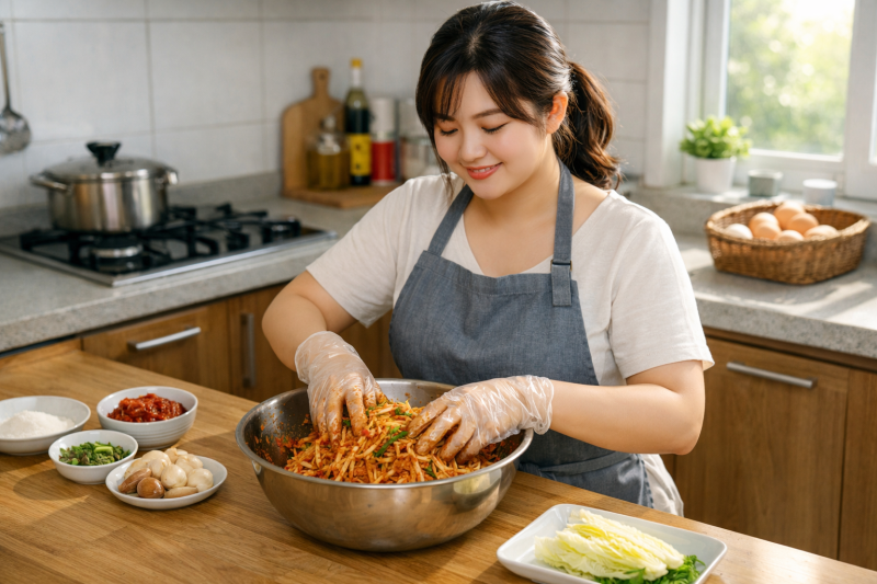 주방에서 무생채를 만들고 있는 주부의 모습
