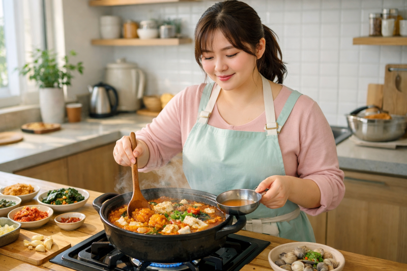 알탕을 끓이고 있는 주부의 모습