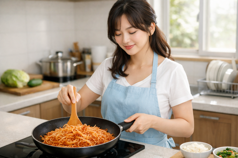 주방에서 진미채 볶음을 만들고 있는 주부의 모습