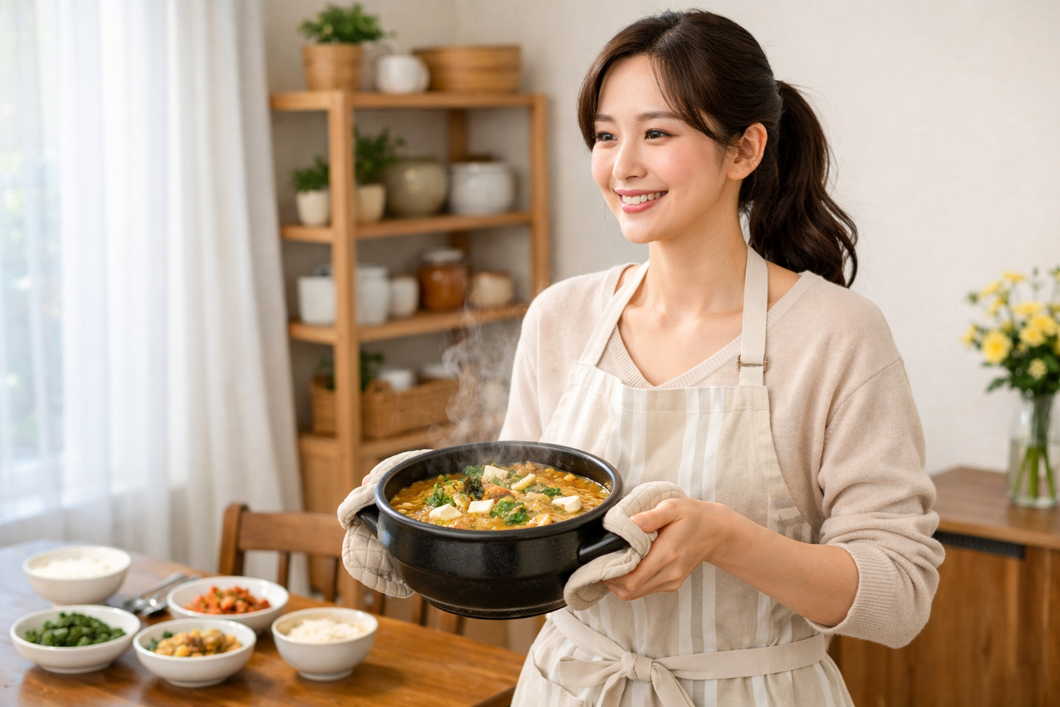 청국장 레시피로만든 음식을 테이블로 옮기는 모습