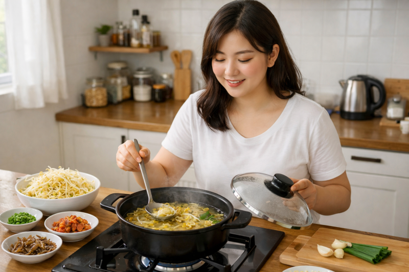 콩나물국을 끓이고 있는 주부의 모습