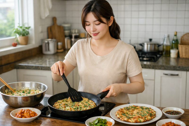 파전을 만들고 있는 주부의 모습