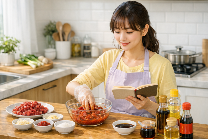 레시피를 보면서 고추장육회를 만들고 있는 주부의 모습