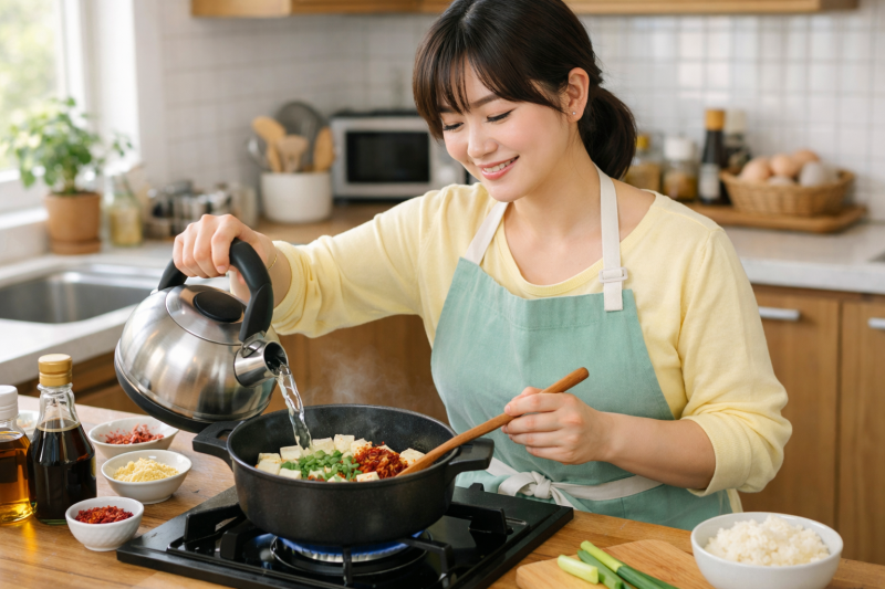 두부찌개를 만들고 있는 주부의 모습