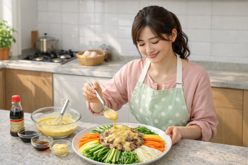 사태냉채를 만드는 주부의 모습