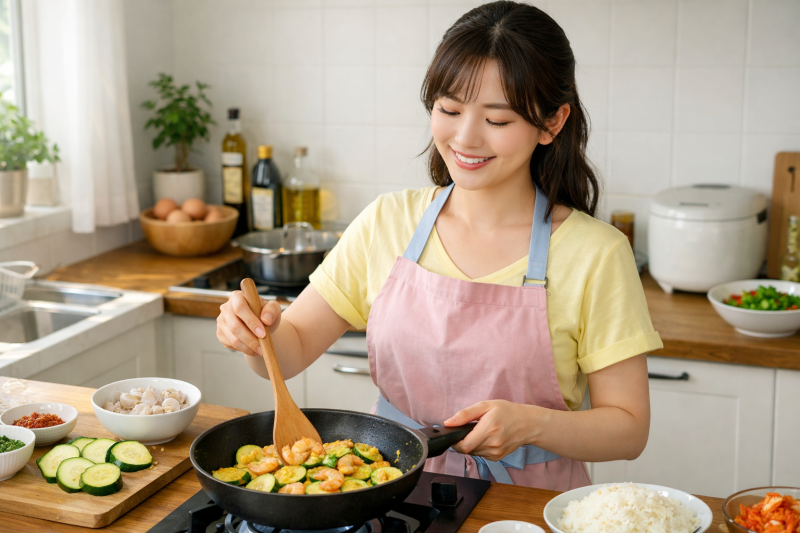 애호박새우볶음을 만드는 주부의 모습