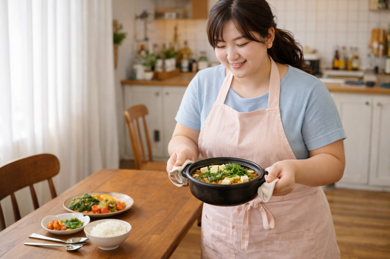 우삼겹된장찌개를 테이블로 가져가는 주부의 모습