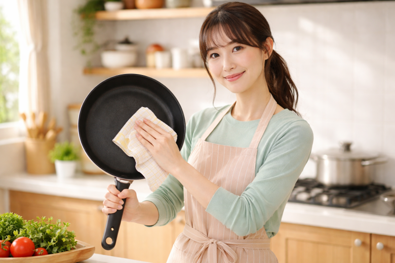 프라이팬을 닦고있는 주부의 모습
